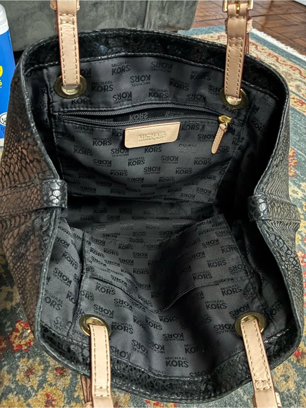 Michael Kors Black Faux-Snakeskin Shoulder Tote with Beige Straps
